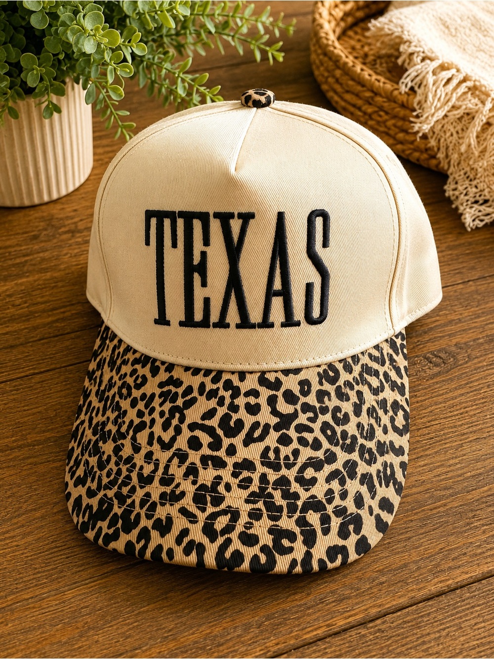 Texas Embroidered Leopard Brim Baseball Cap - Cream/Black